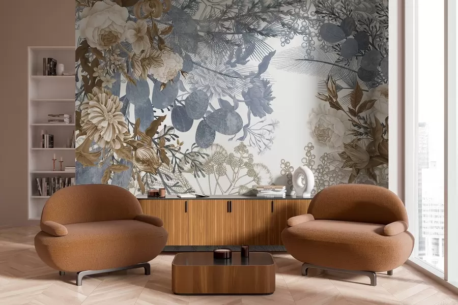 fotószőnyeg Vintage virágkötészet rózsával, eukaliptusszal és mimózával a kék és a barna árnyalataiban  w09164