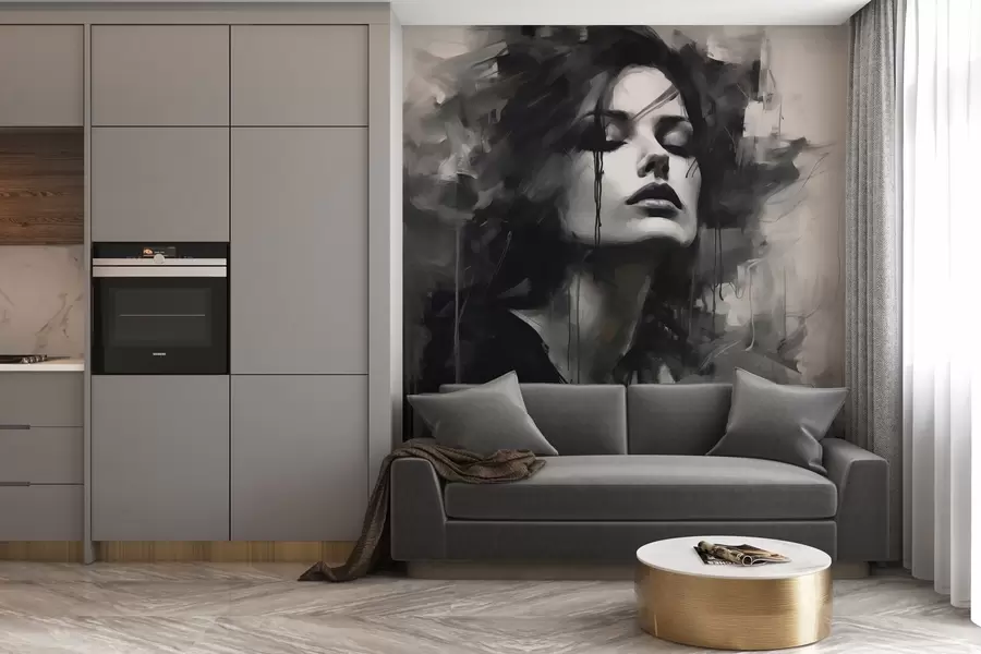 fotószőnyeg Egy szürke és fekete ruhás nő portréja w04049