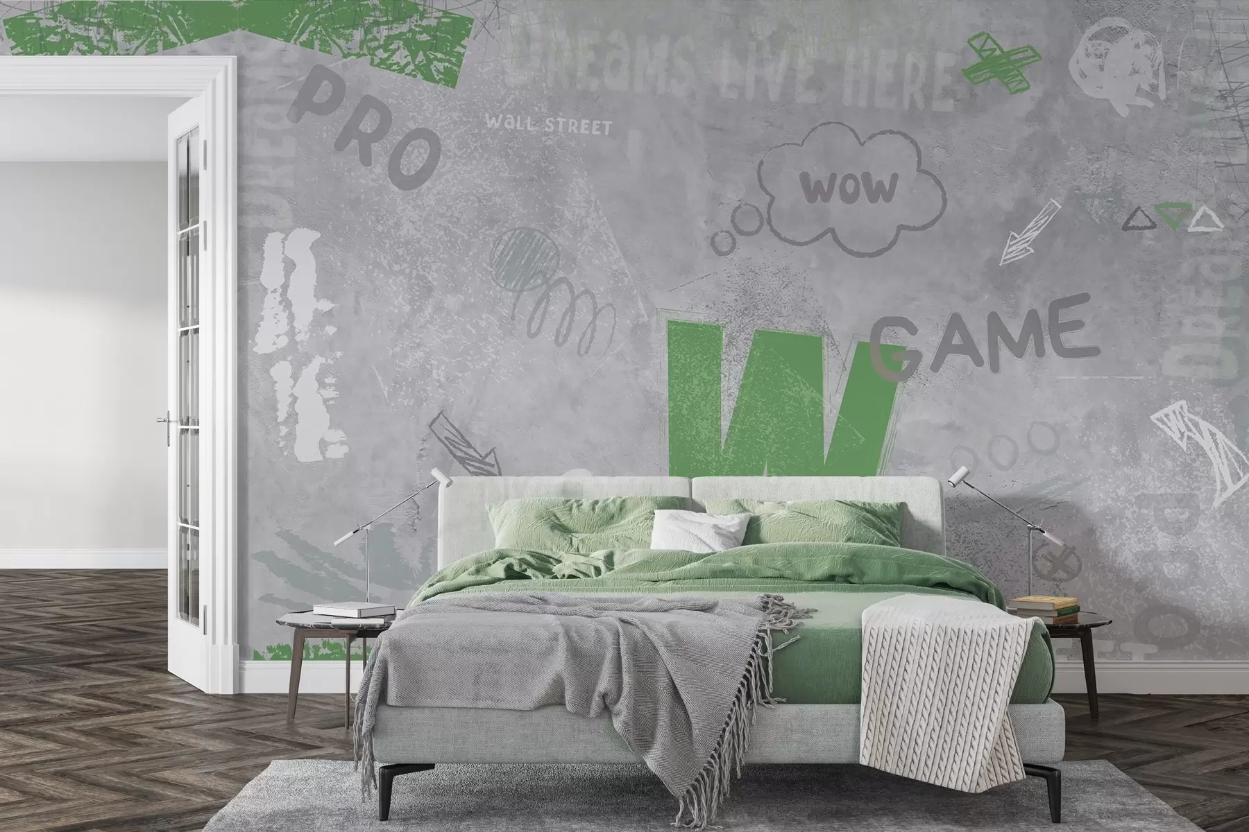 fotószőnyeg Street art design zöld színű betűkkel a betonfal hátterében w04056v2