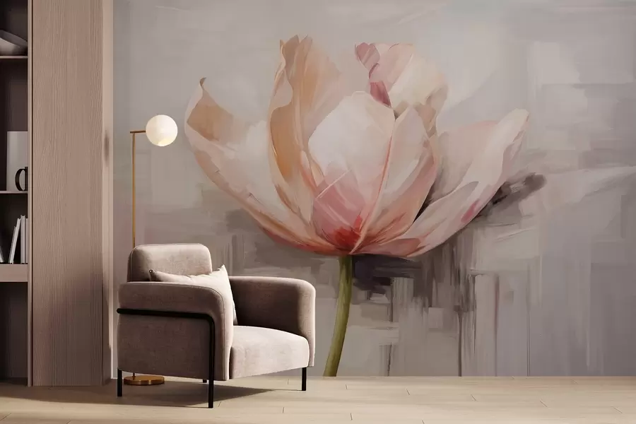 fotószőnyeg Rózsaszín tulipán, olajfestmény utánzat lágy ecsetvonásokkal, absztrakt háttér a szürke és a bézs pasztell árnyalataival w09187
