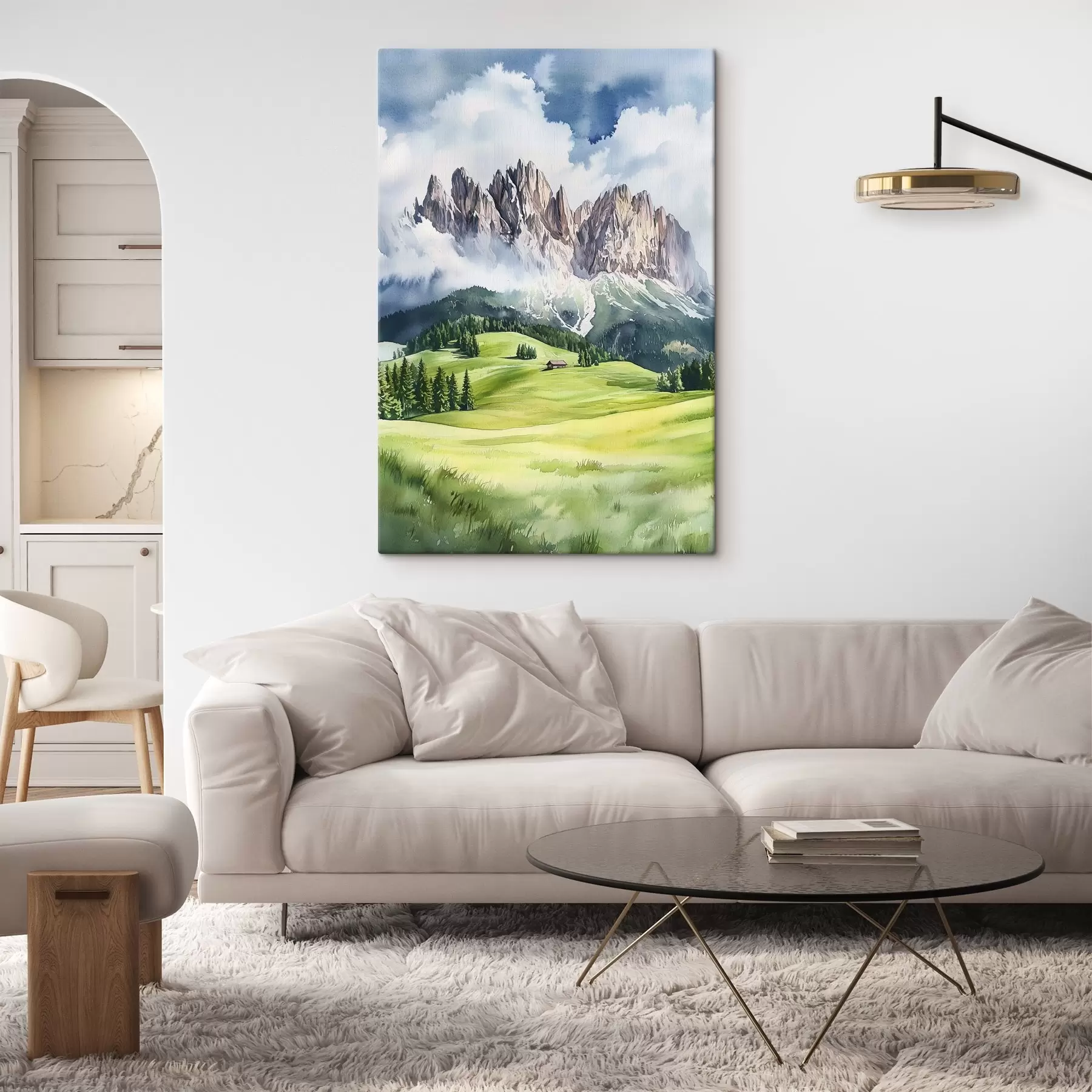 fotószőnyeg Dolomitok, alpesi hegyek, Olaszország, tájkép, akvarell stílusban s44601