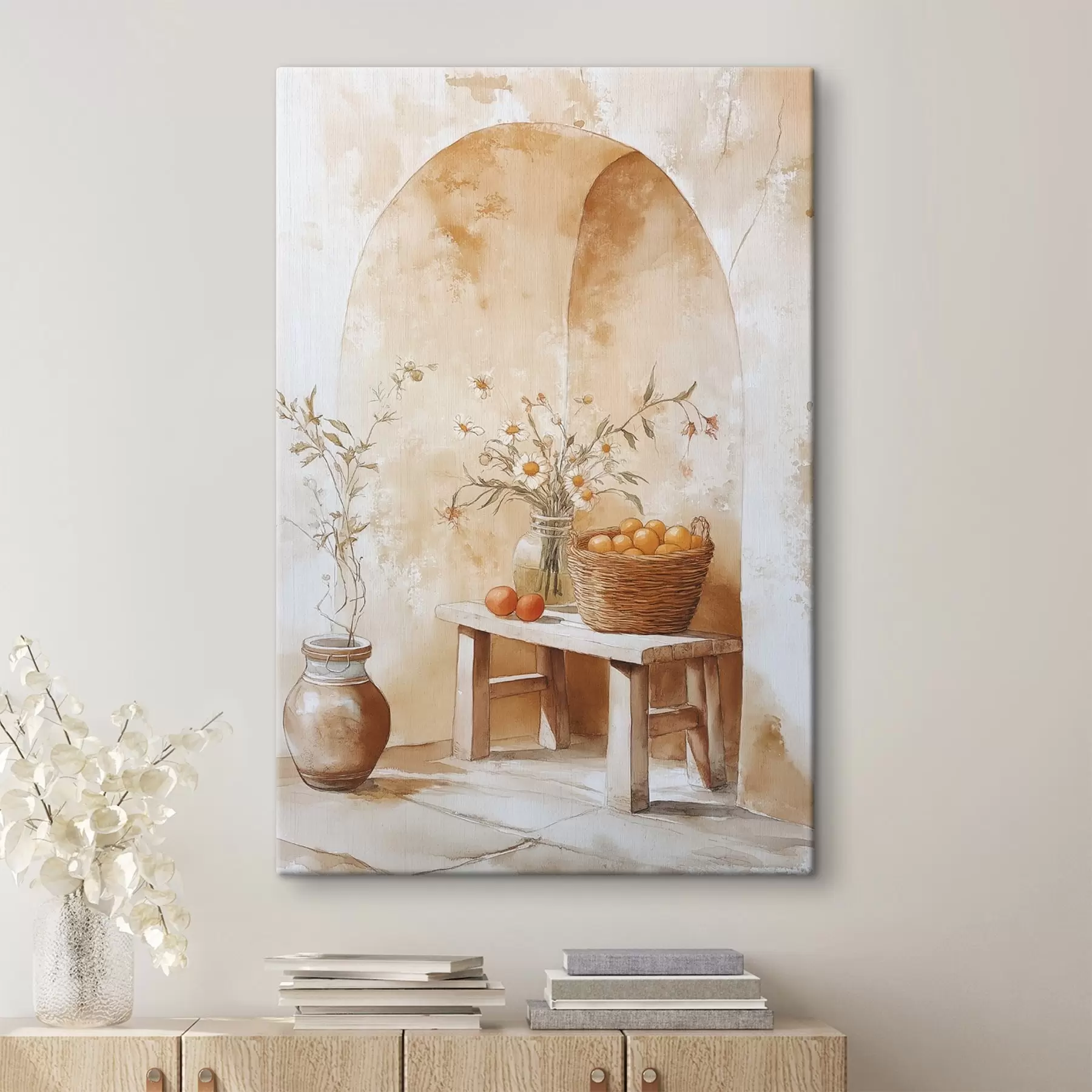 fotószőnyeg Boltíves fal antik befőttesüveggel, kamillavirággal és narancskosárral  s44613