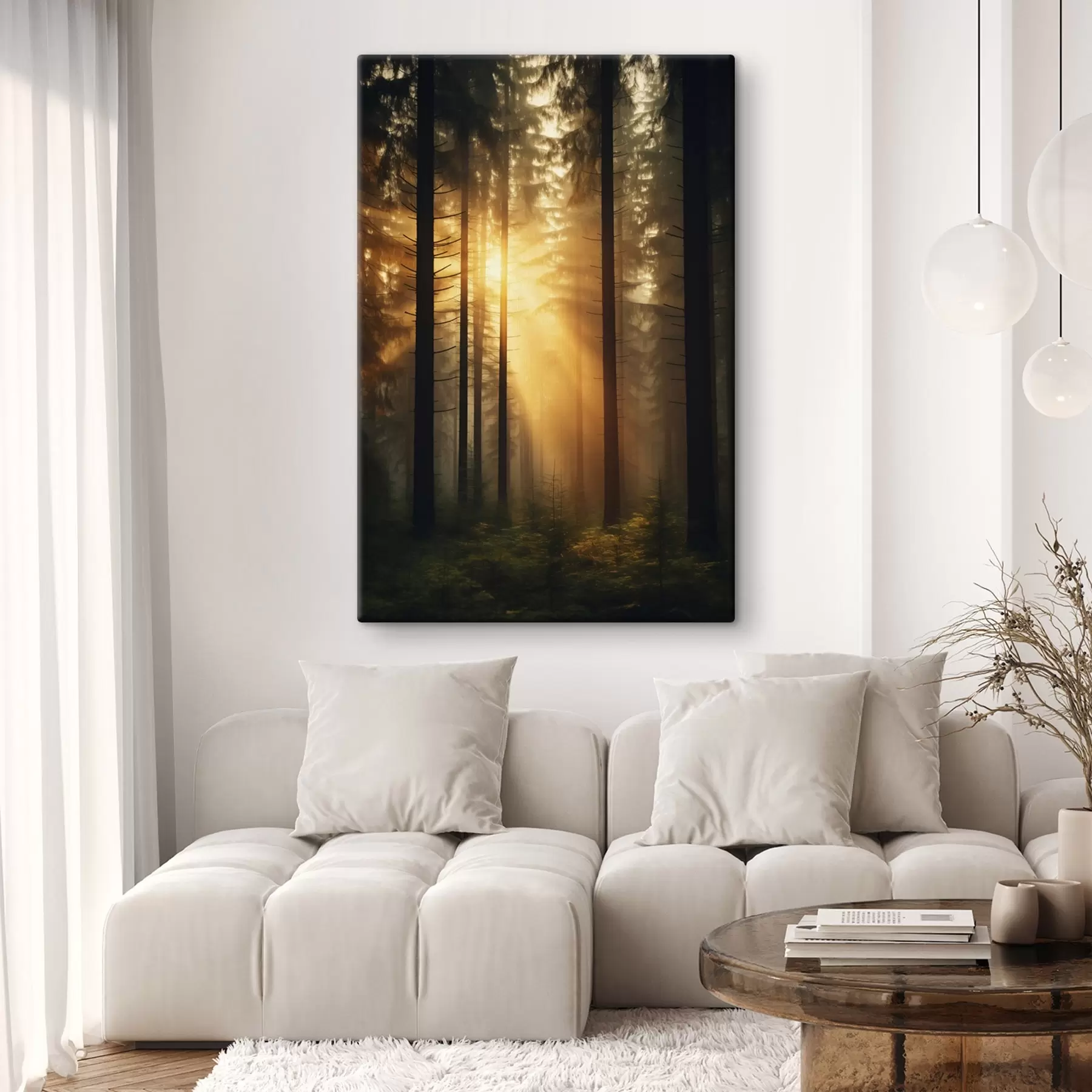 fotótapéta Sűrű fenyőerdő naplemente fényével, realizmus, természet s44615