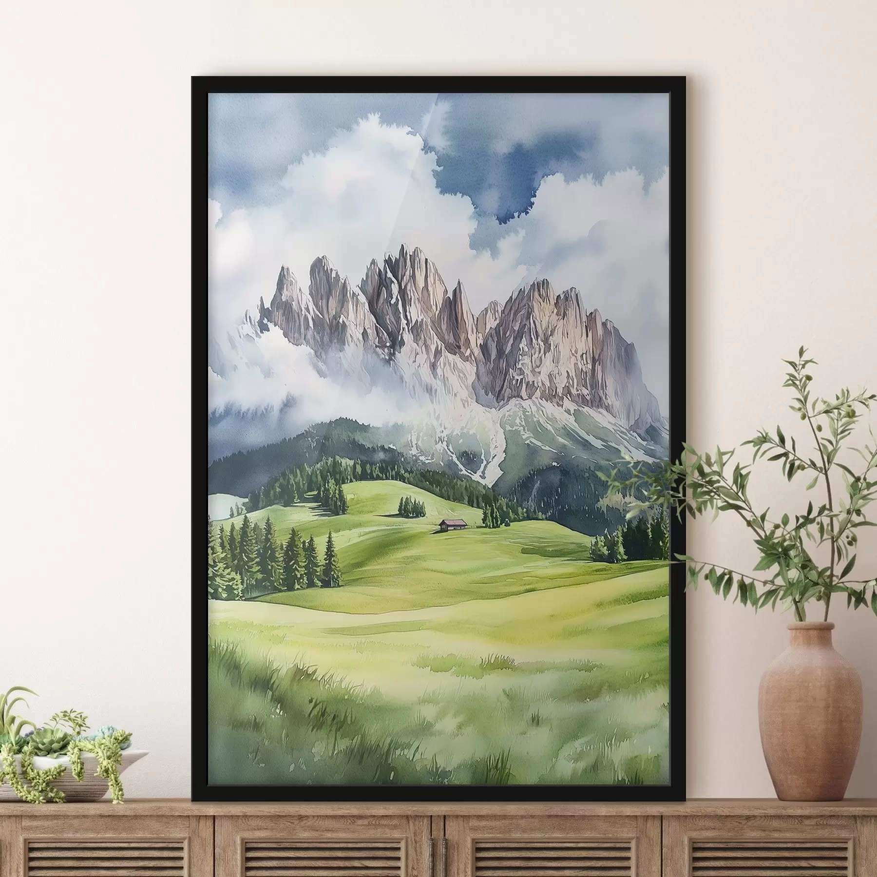 fotószőnyeg Dolomitok, alpesi hegyek, Olaszország, tájkép, akvarell stílusban f44601