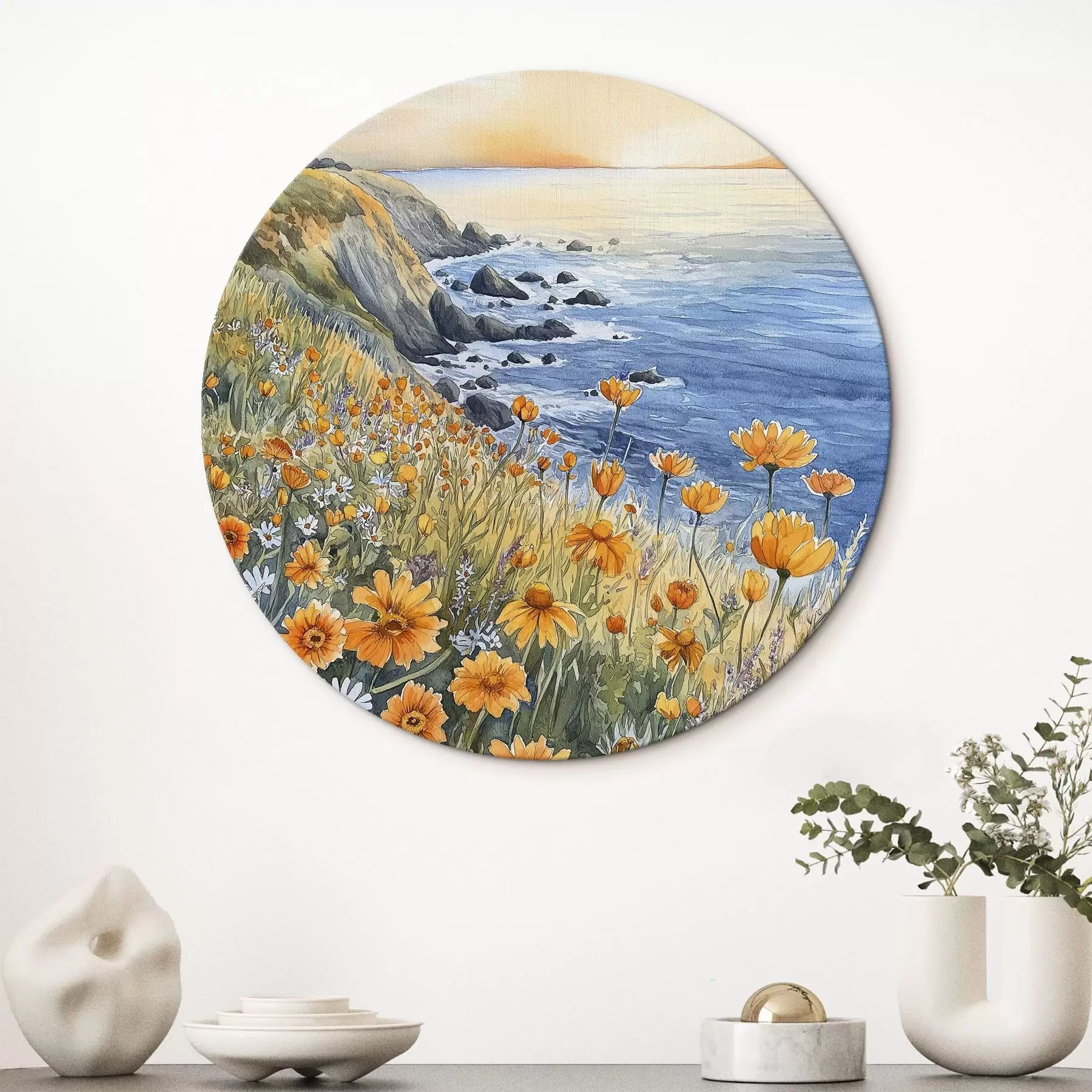fotótapéta Szikla narancssárga virágokkal, óceánpart, Portugália, akvarell stílusban r44604