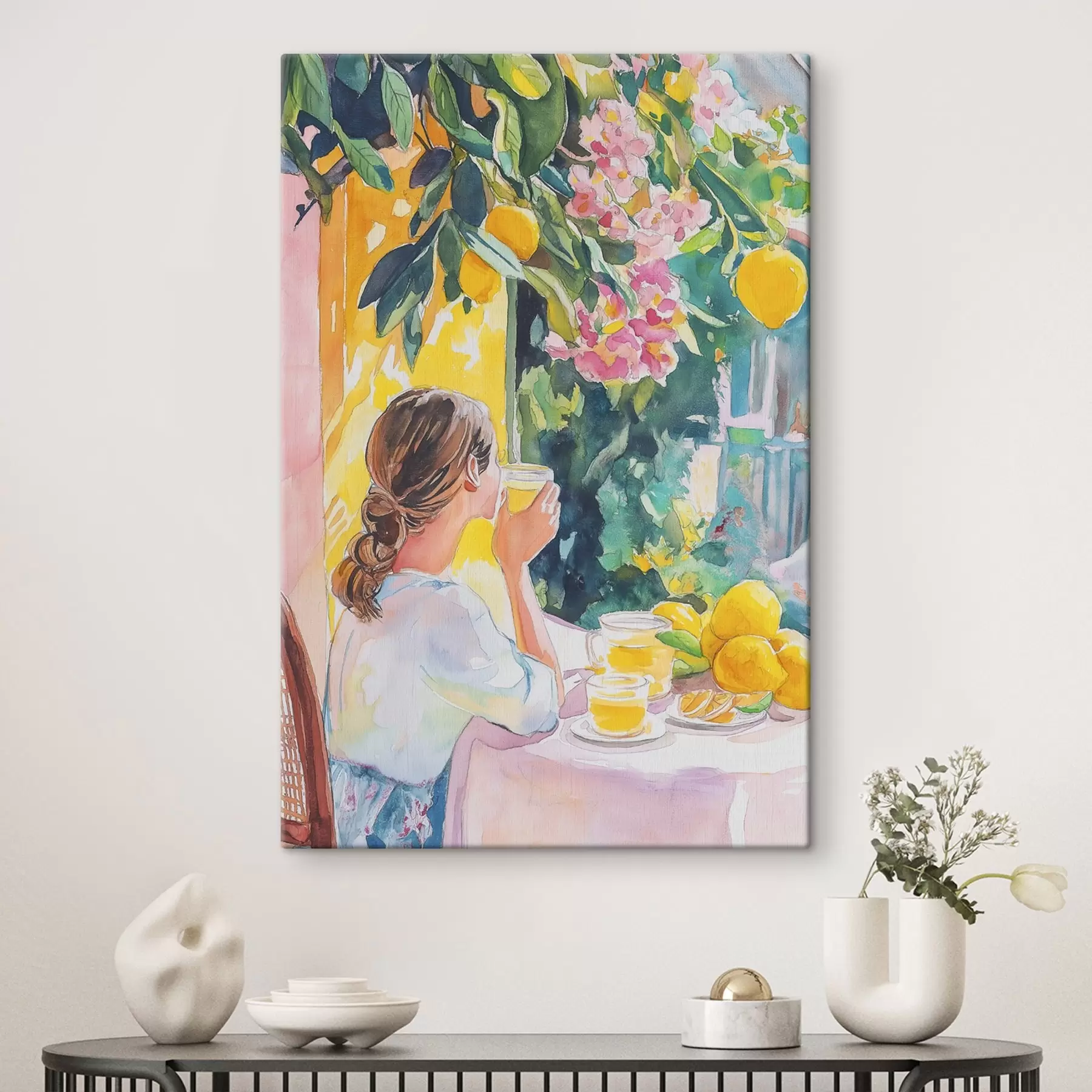 fotótapéta Nyári hangulat, lány a kávézóban, limoncello, Olaszország, akvarell stílusban s44505