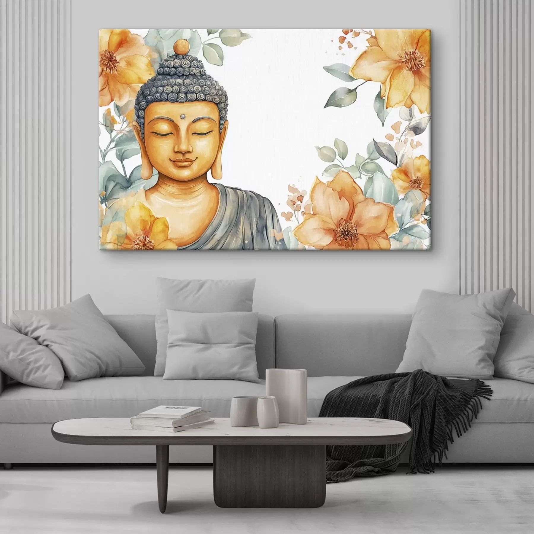 fotótapéta Buddha narancssárga virágokkal körülvéve, akvarell stílusban s44508
