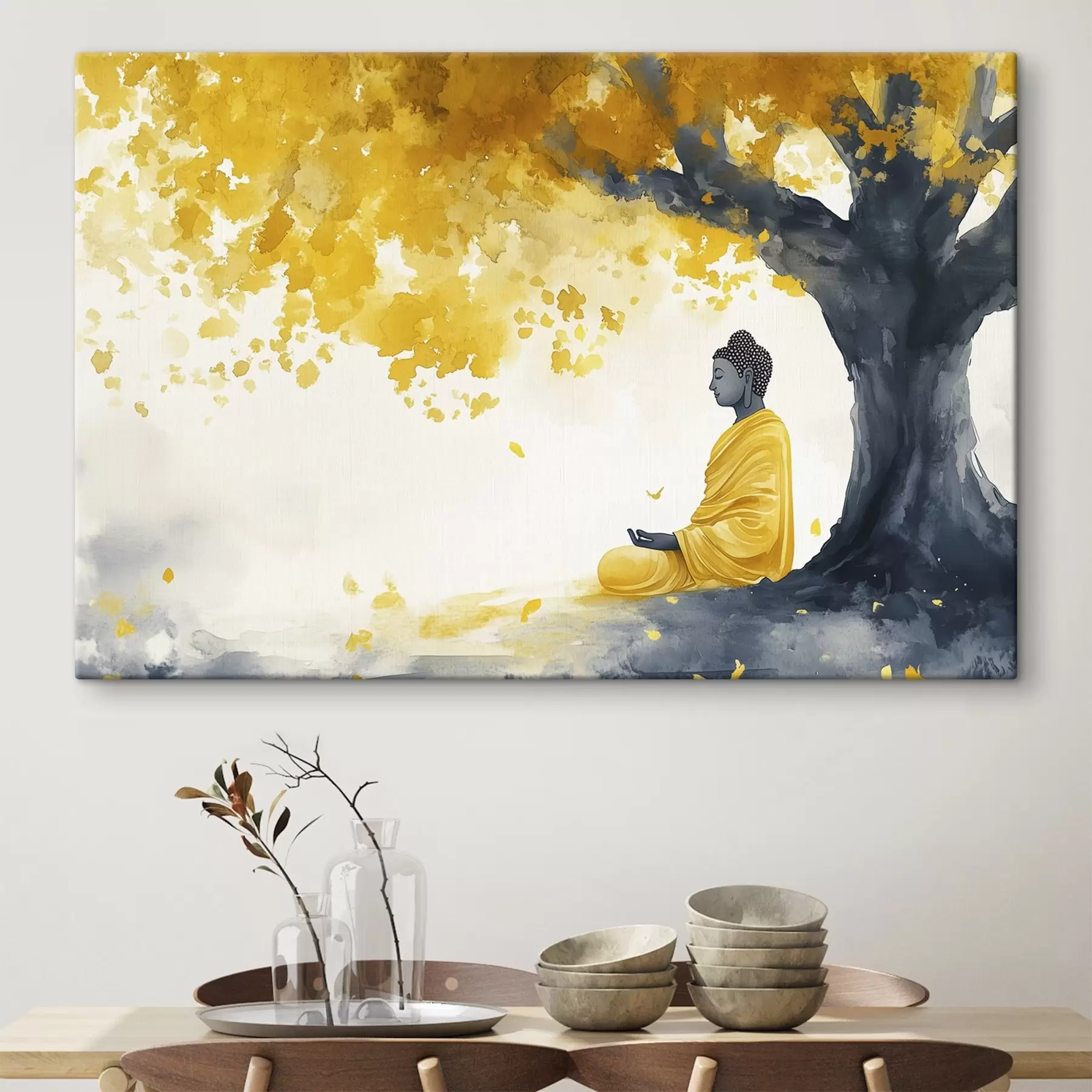 fotótapéta Meditáló Buddha a fa alatt, sárga és szürke színekben s44509