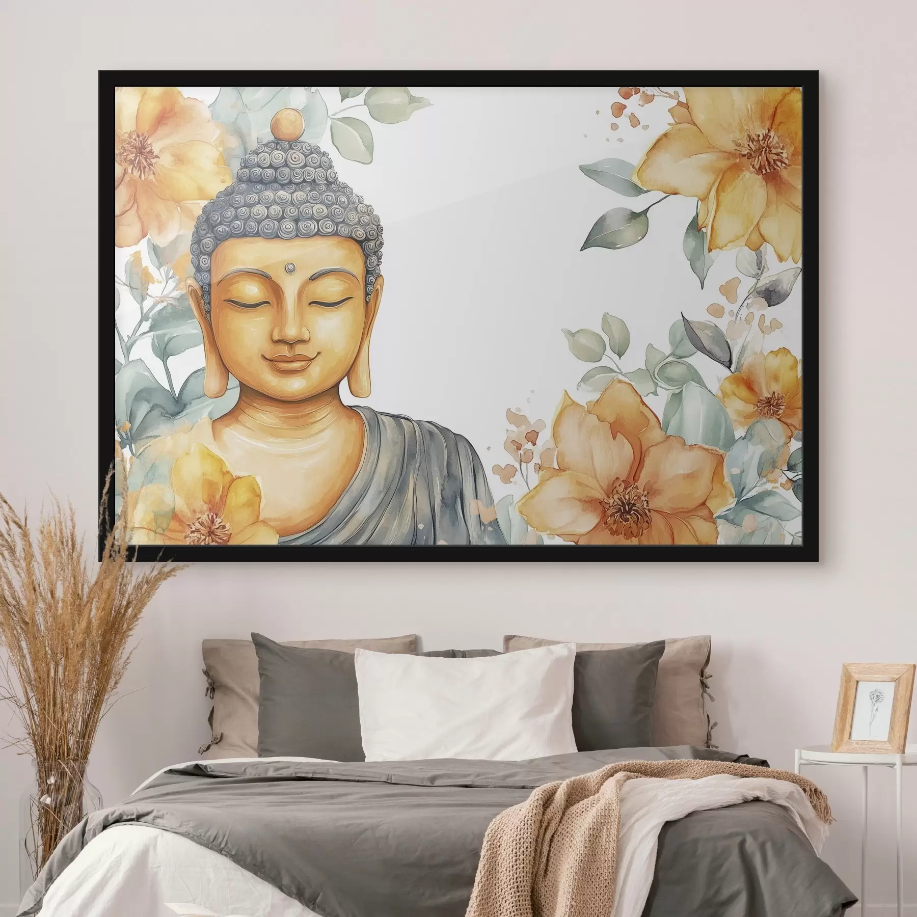 fotószőnyeg Buddha narancssárga virágokkal körülvéve, akvarell stílusban f44508