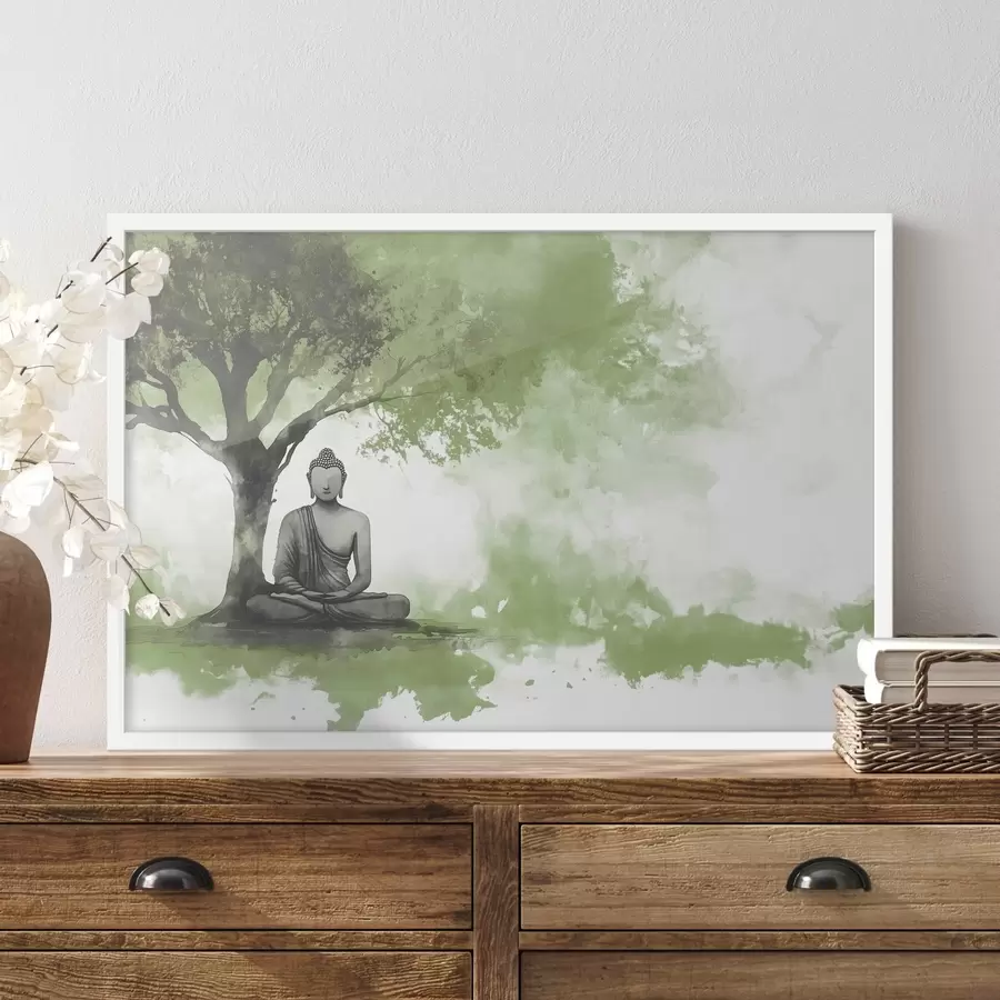 fotószőnyeg Buddha ül a fa alatt, meditáció, spirituális, zöld színek f44512v1
