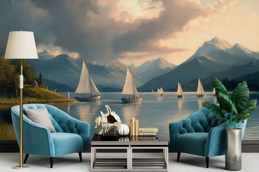 fotószőnyeg regatta egy tavon, felhős égbolton, 19. századi olajfestmény stílusában w04076