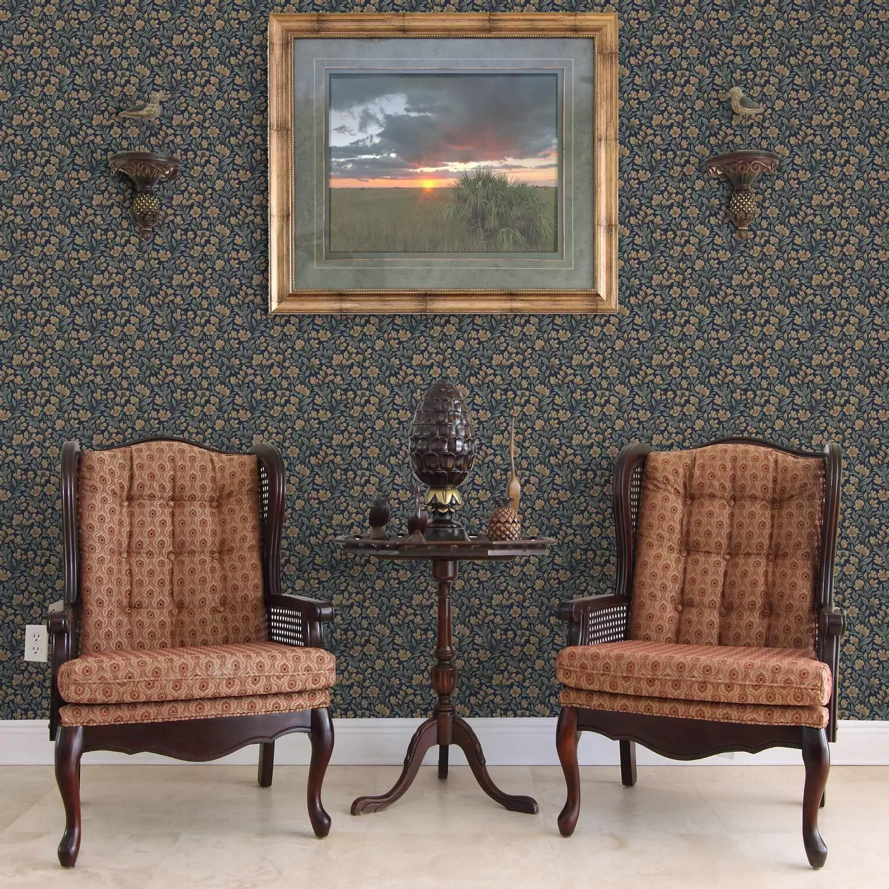 fotószőnyeg Narancssárga virágok sötétkék háttéren vintage stílusban a00200