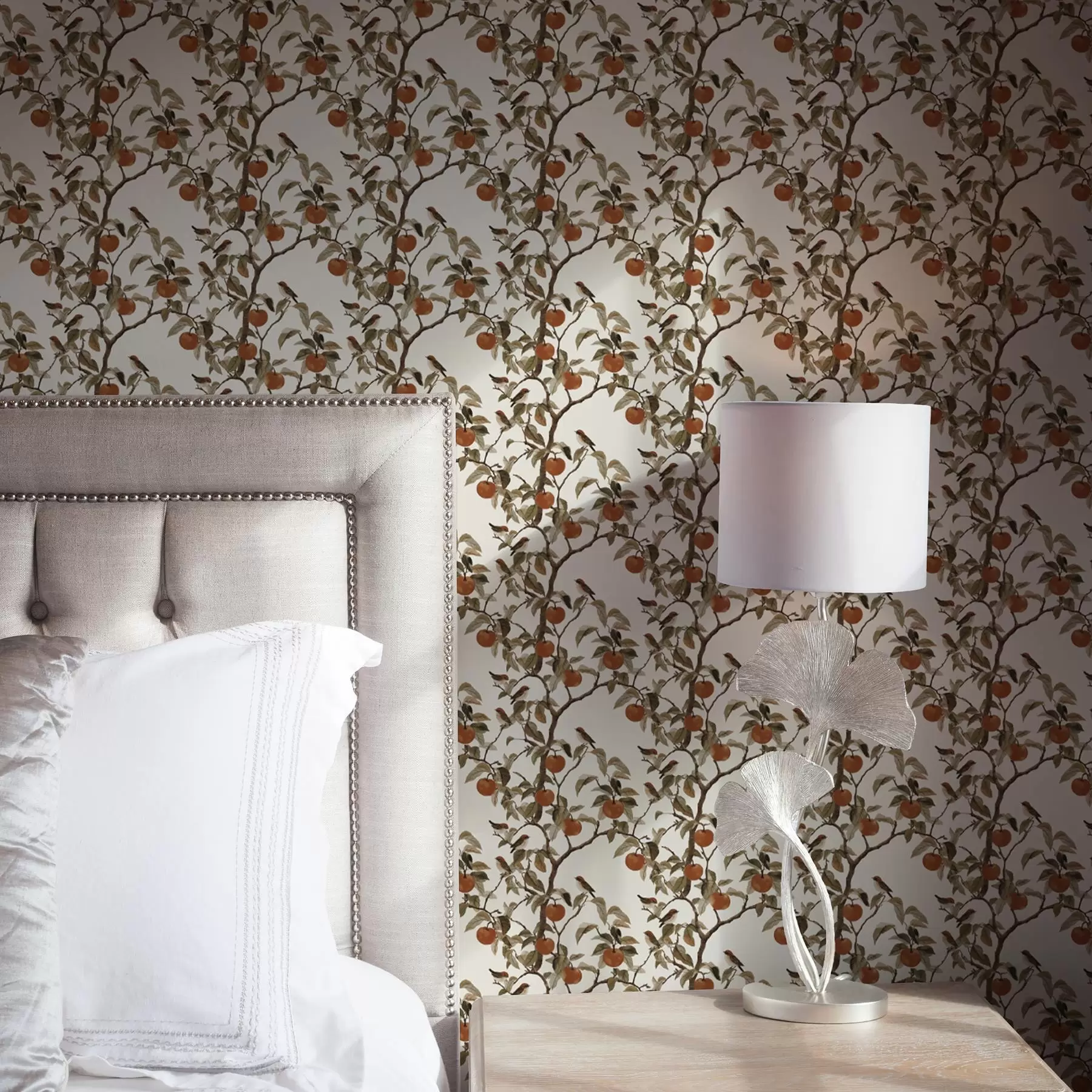 fotószőnyeg Madarak és narancsok az ágakon, szüreti botanika a00208