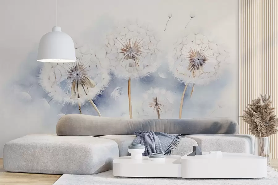 fotószőnyeg Texturált pitypangok a levegőben lebegő magvakkal, világoskék és fehér háttér, lágy, finom rajzstílusú rajzok w09190