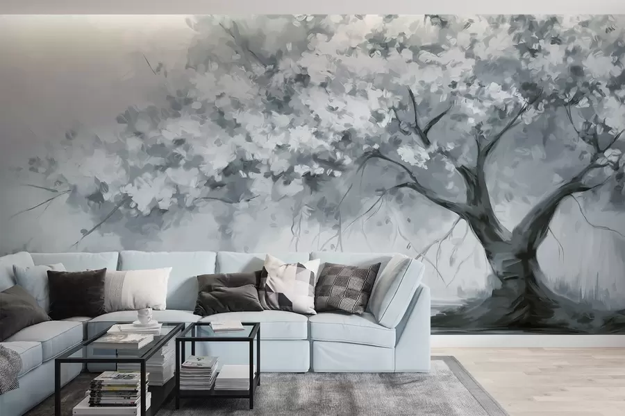 fotószőnyeg Absztrakt tompa kék virágzó fa teljes virágzásban, egy folyó mellett, lágy textúrájú ecsetvonásokkal és pasztell színekkel w09193v2