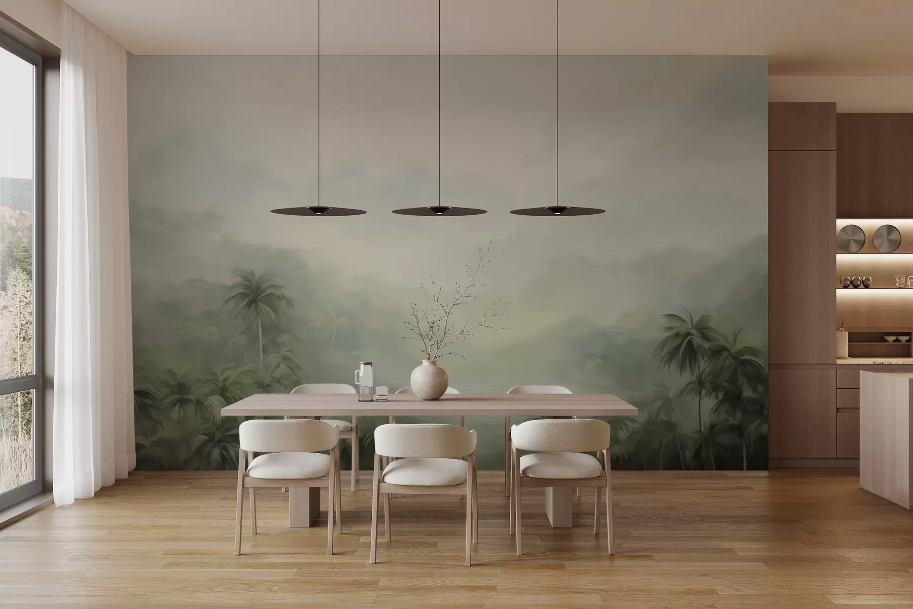 fotószőnyeg Gungle táj buja zöld pálmafák és gördülő dombok , lágy pasztell színek, texturált festmény utánzás w09194