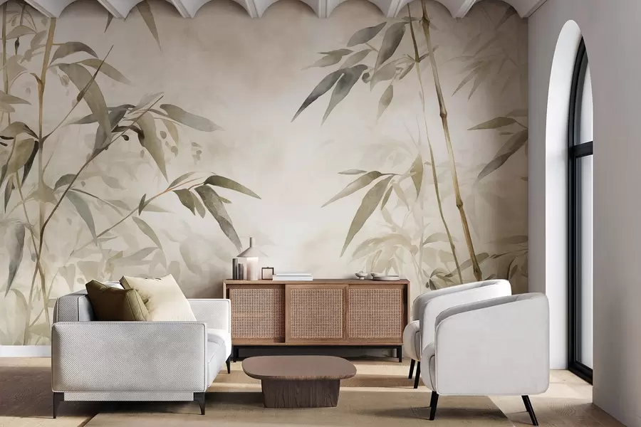fotószőnyeg Bambusz textúrájú ágak levelekkel, akvarell stílusban, lágy semleges színpaletta, világos bézs háttérrel w09204