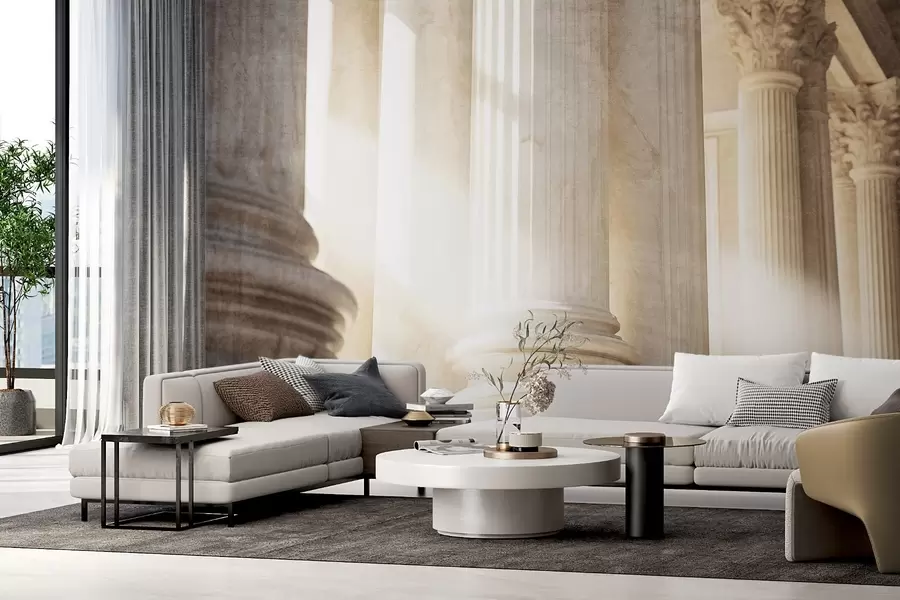 fotószőnyeg Oszlopok, klasszikus építészet, elegáns design, strukturált szimmetrikus kompozíció, semleges színpaletta w09209
