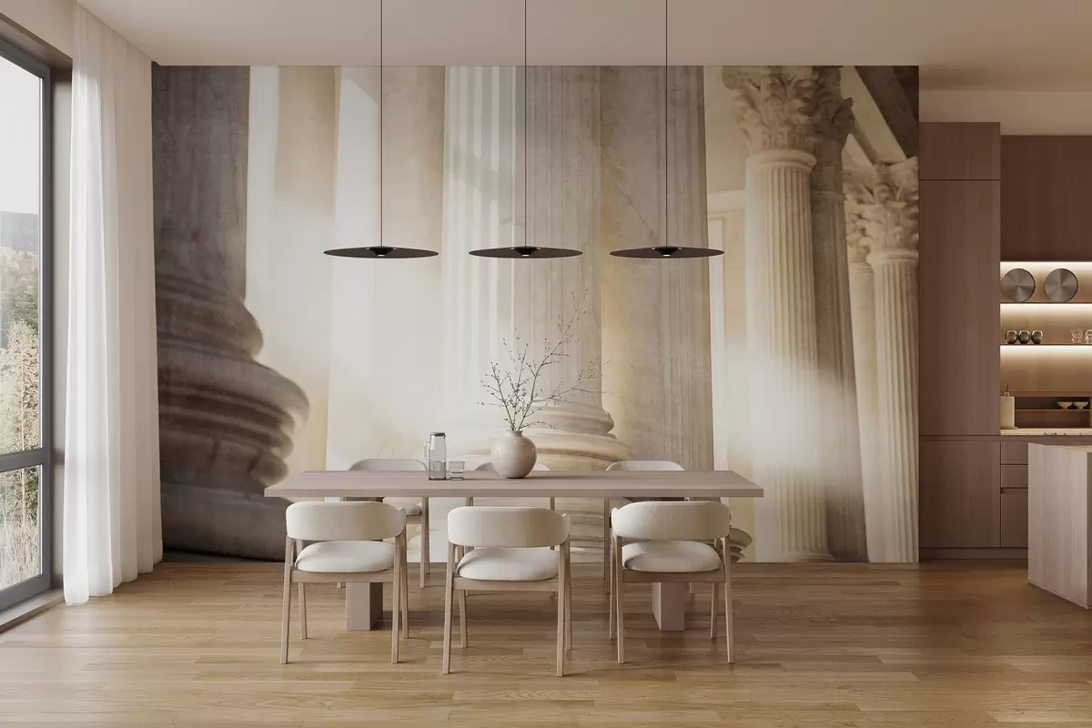 fotószőnyeg Oszlopok, klasszikus építészet, elegáns design, strukturált szimmetrikus kompozíció, semleges színpaletta w09209