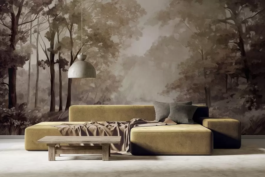 fotószőnyeg Texturált erdei táj, fák bézs és barna levelekkel, pasztell színpaletta w09210