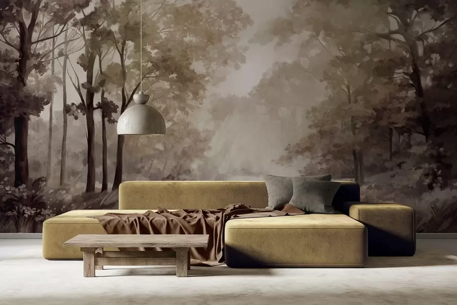 fotószőnyeg Texturált erdei táj, fák bézs és barna levelekkel, pasztell színpaletta w09210