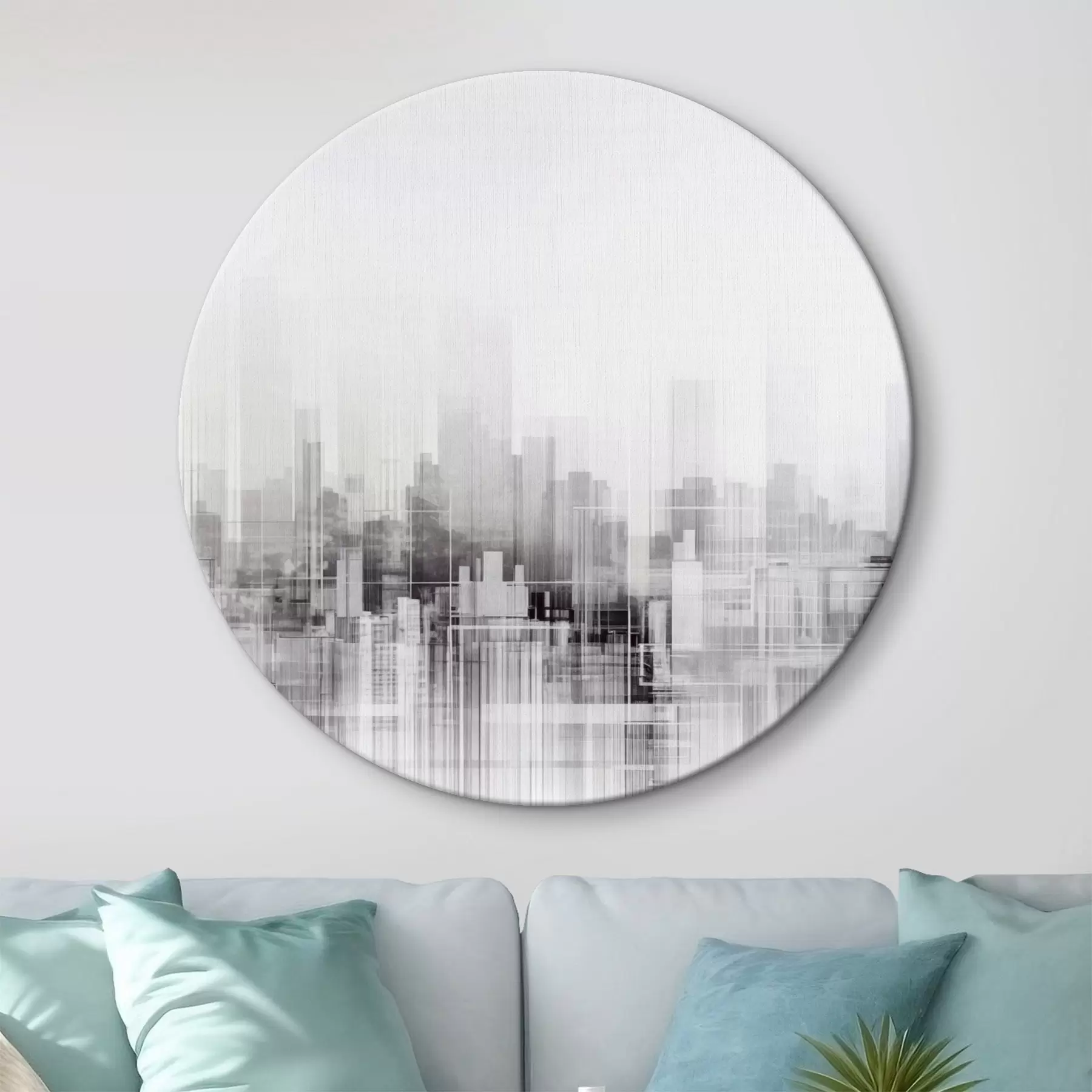 fotótapéta Texturált minimalista városkép magas épületekkel és felhőkarcolókkal, sziluettben a fehér égbolton r44863