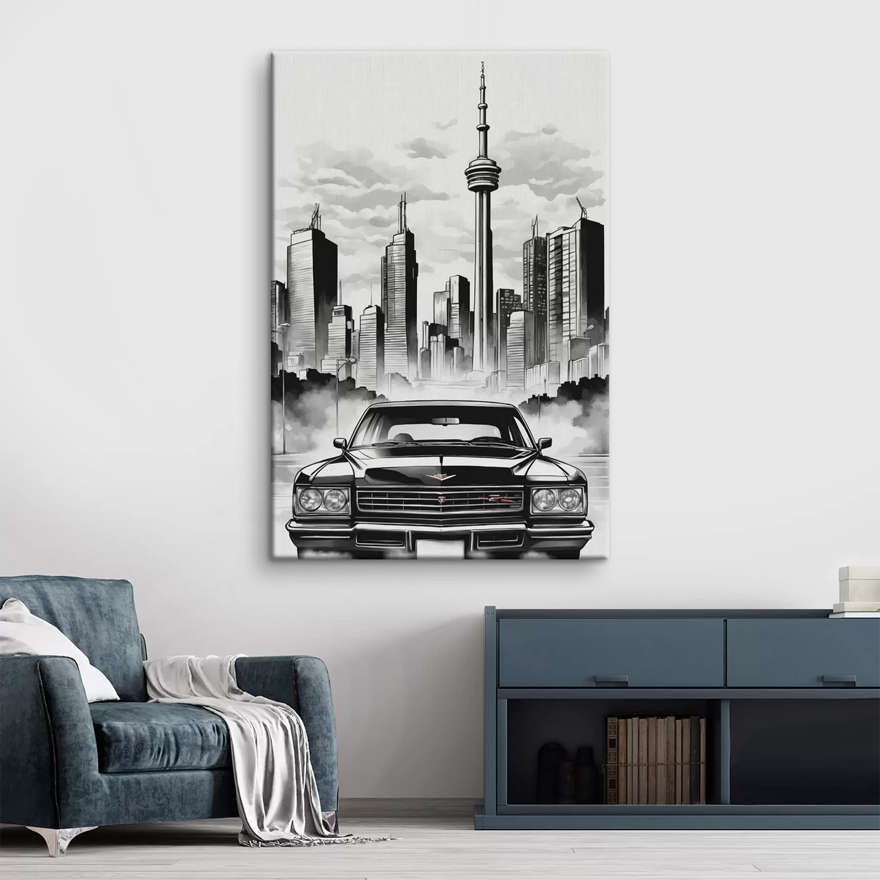fotótapéta Retro autó a háttérben a monokróm város felhőkarcolókkal s44871