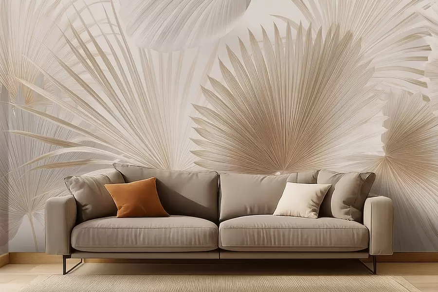 fotószőnyeg Lágy trópusi leveles legyezők világos bézs és kékes árnyalatokban w09084