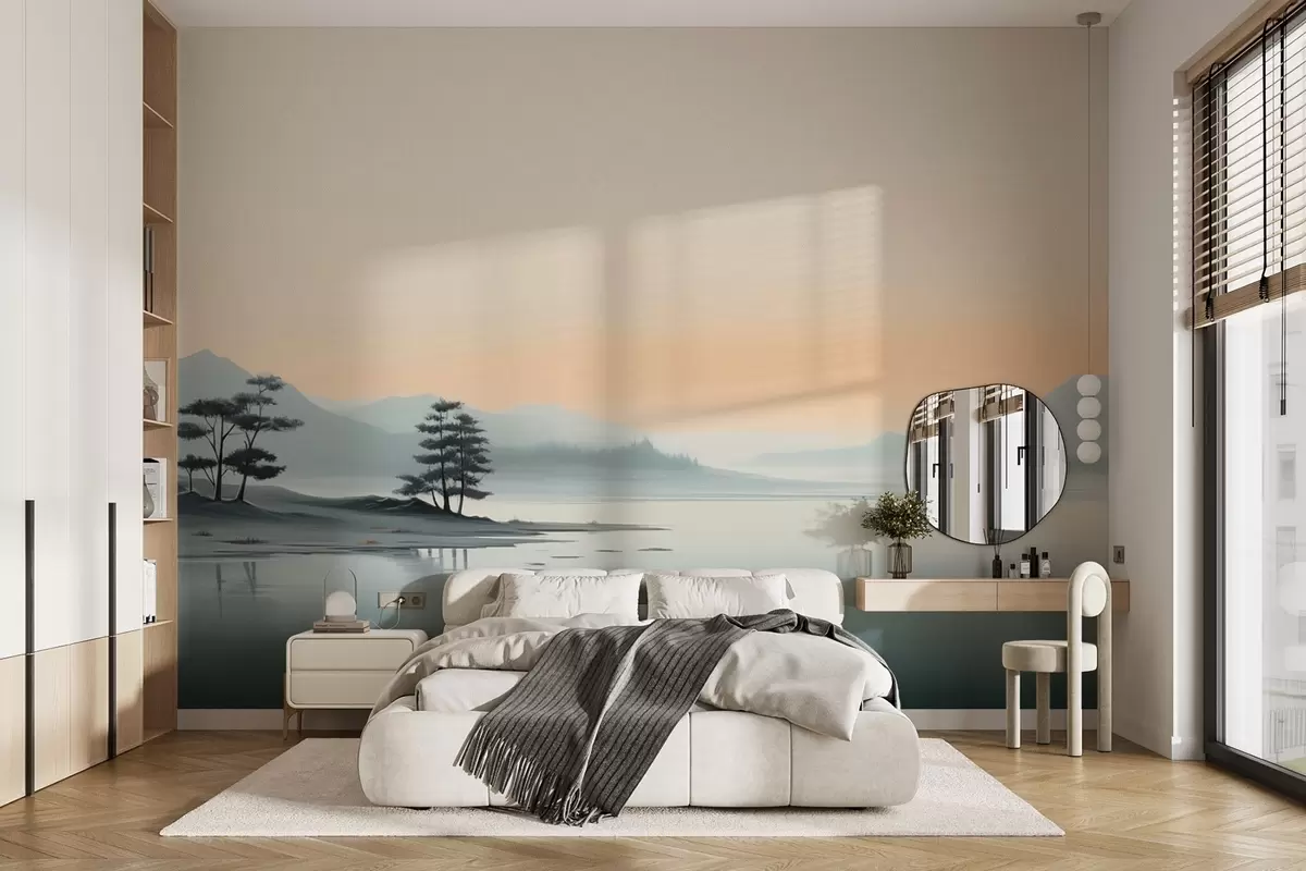 fotószőnyeg Minimalista táj ködös hegyekkel és tóval w09151