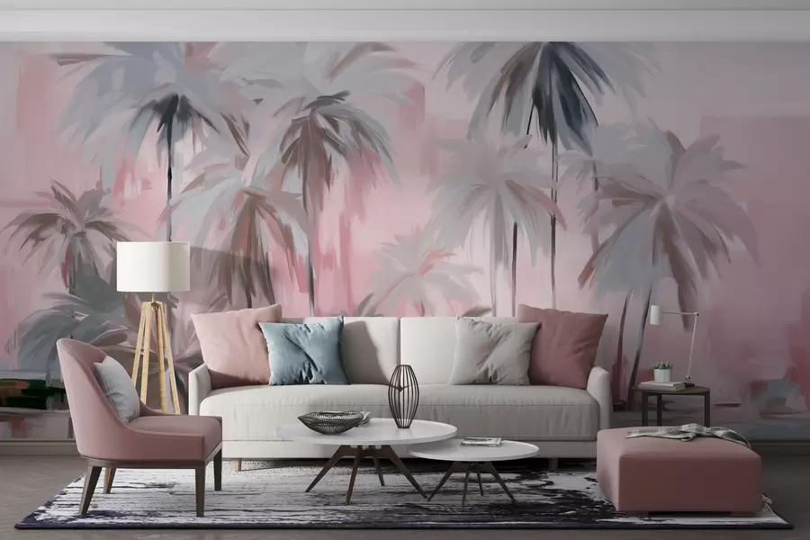 fotószőnyeg Absztrakt minimalista pasztell trópusi pálmafák, háttérben tompa rózsaszín és szürke árnyalatokkal w09212v1