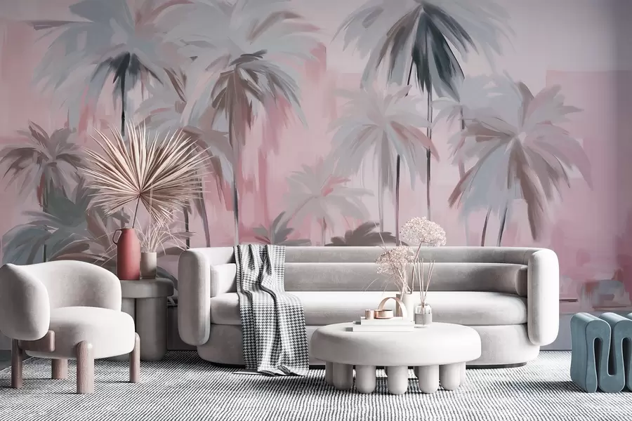 fotószőnyeg Absztrakt minimalista pasztell trópusi pálmafák, háttérben tompa rózsaszín és szürke árnyalatokkal w09212v1