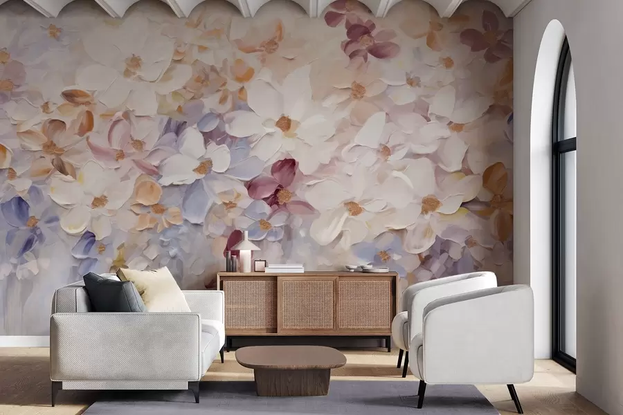 fotószőnyeg Olajfestmény virágoskert utánzata fehér, rózsaszín és narancssárga virágokkal, lágy ecsetvonásokkal, pasztell tompa színekkel w09236