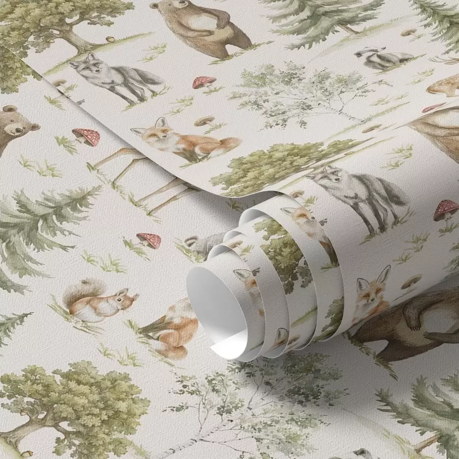 fotószőnyeg Erdei állatok lágy akvarell stílusban, fák és gombák a00212