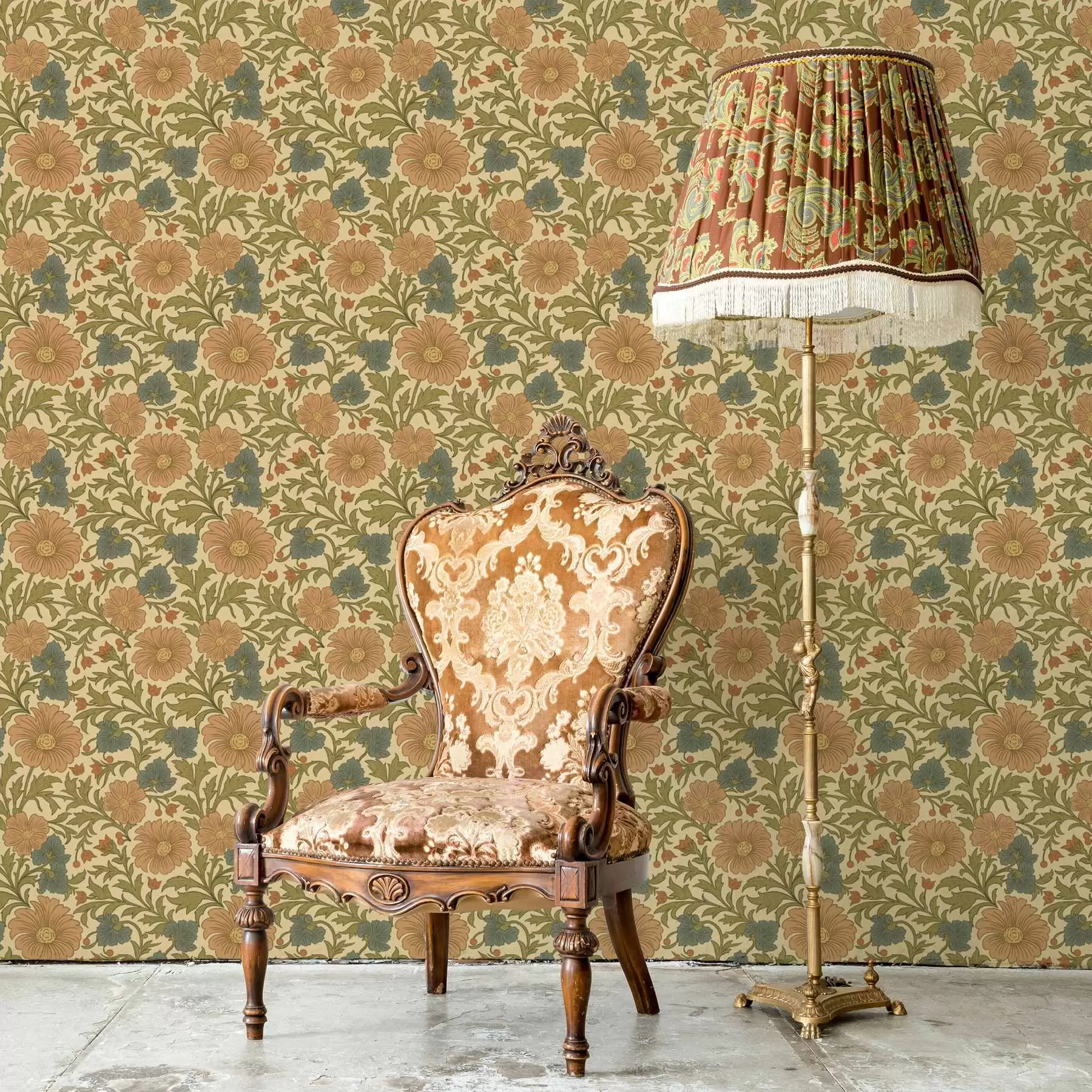 fotószőnyeg Retro minta narancssárga és kék virágokkal a00245