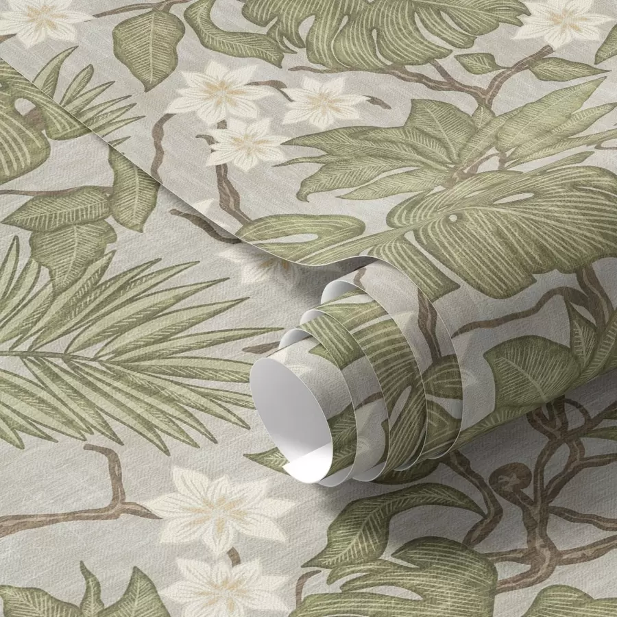 fotószőnyeg Trópusi monstera levelek és virágok szürke háttéren a00249