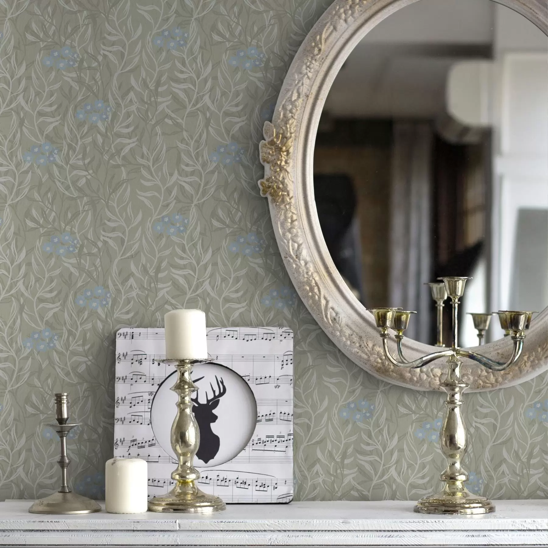 fotószőnyeg Zöld háttér fehér ágakkal és kék virágokkal a00268v1