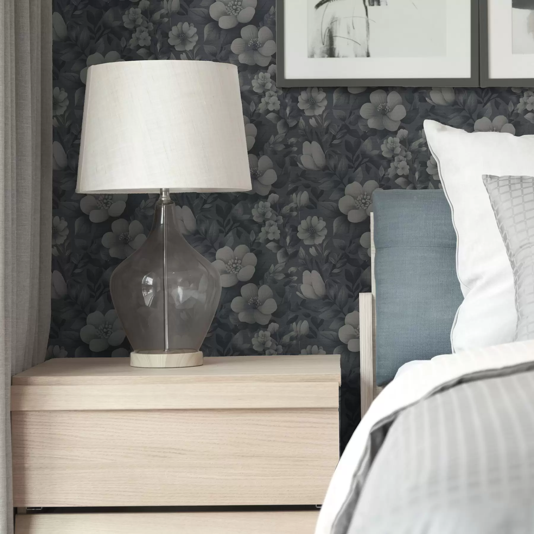 fotószőnyeg Sötétkék mintás, terjedelmes fehér virágokkal a00282