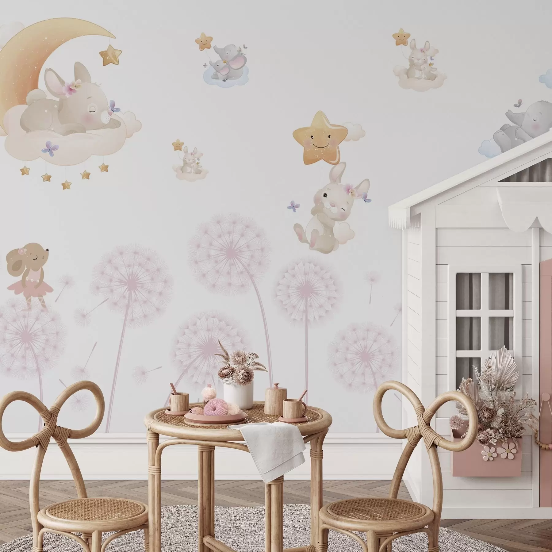 fotószőnyeg Aranyos nyúl és csillagok között pitypang fehér háttéren w04195