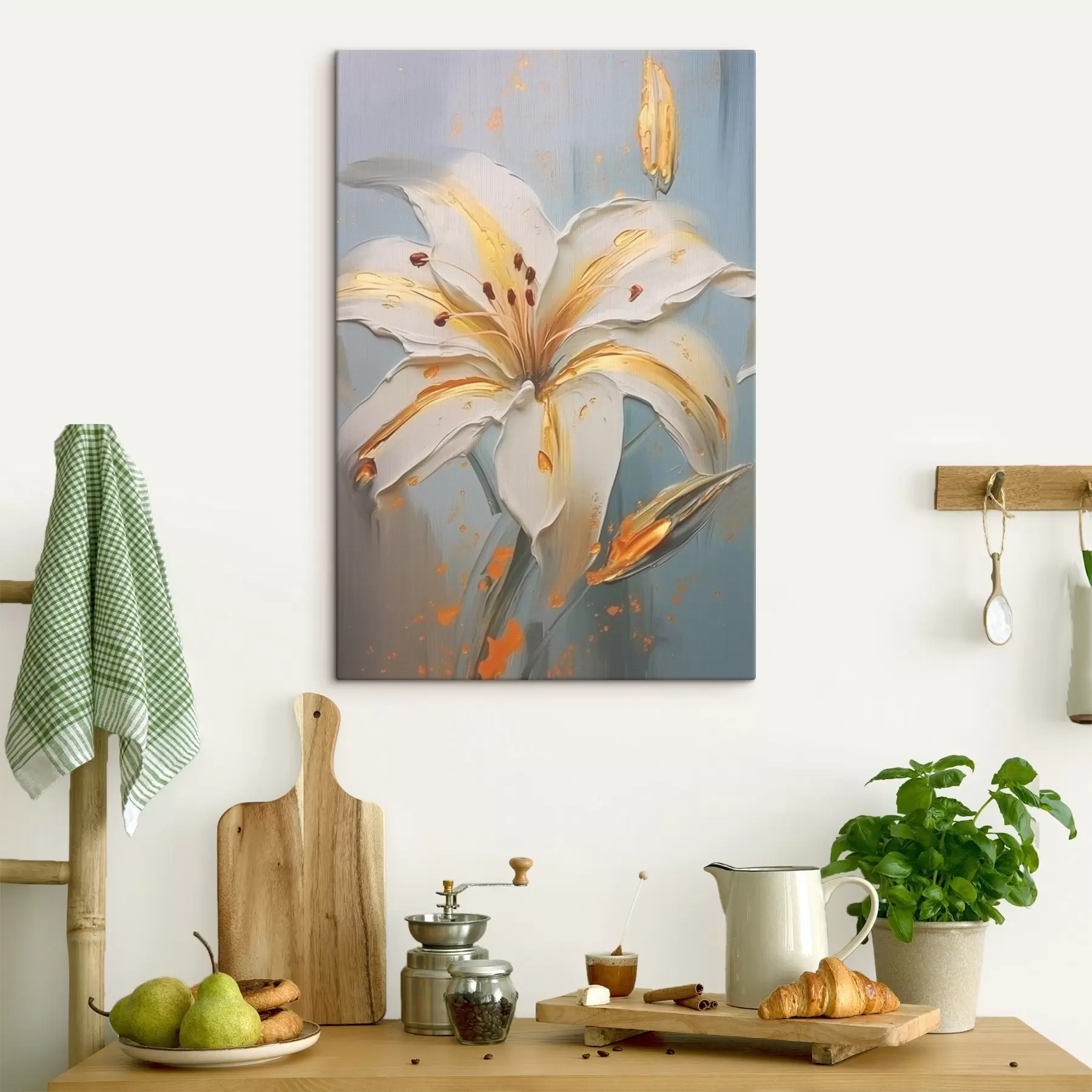 fotótapéta Fehér liliom sárga vonalakkal kék háttéren s45077