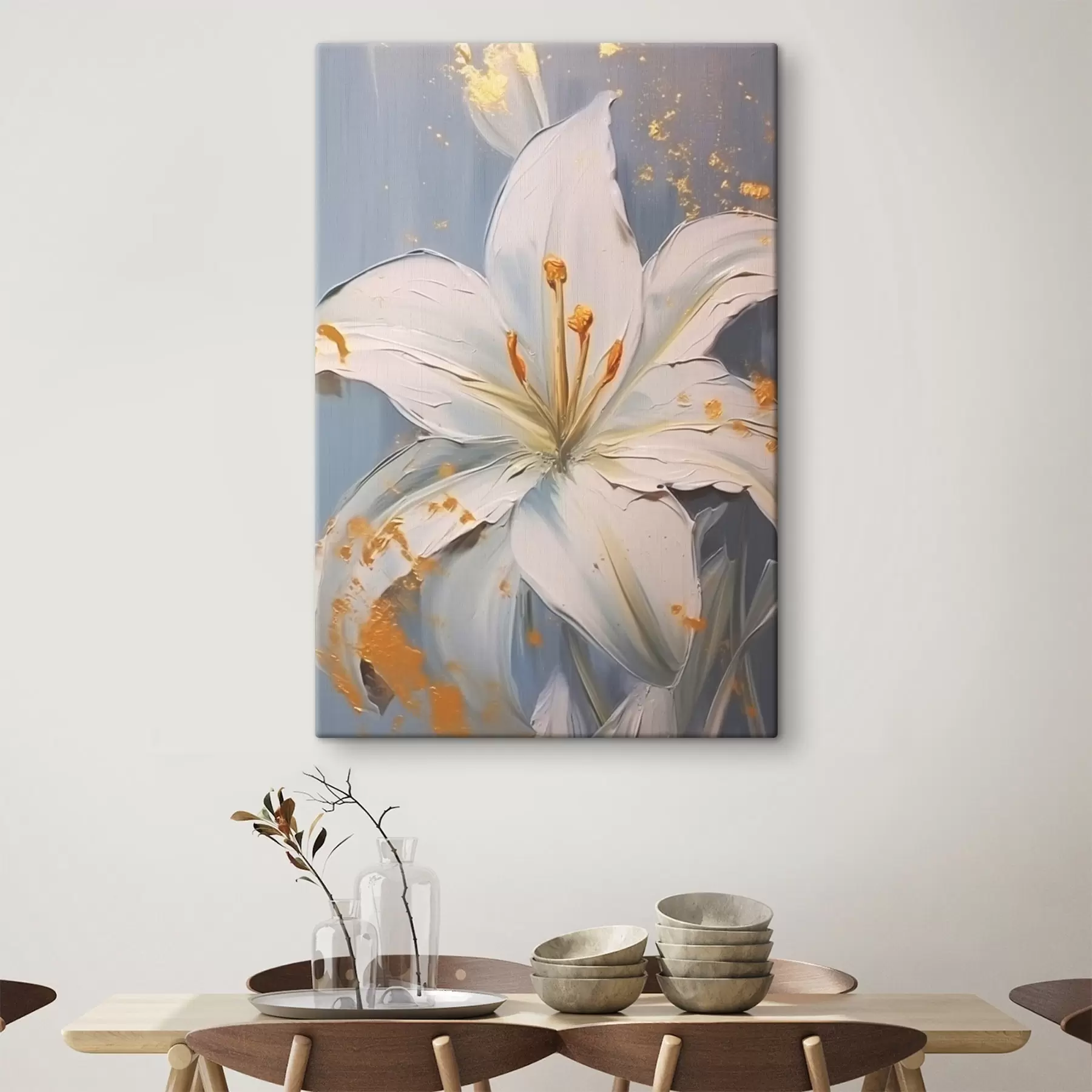 fotótapéta Fehér liliom sárga akcentussal kék háttéren s45078