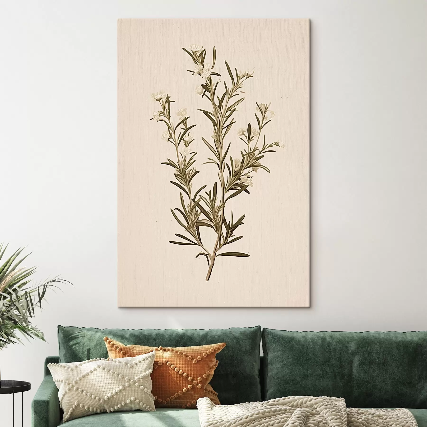 fotótapéta botanikai, ág, bézs háttér, gyógynövény, minimal, növény, zöld levelek, szár, szár, bézs háttér s45098