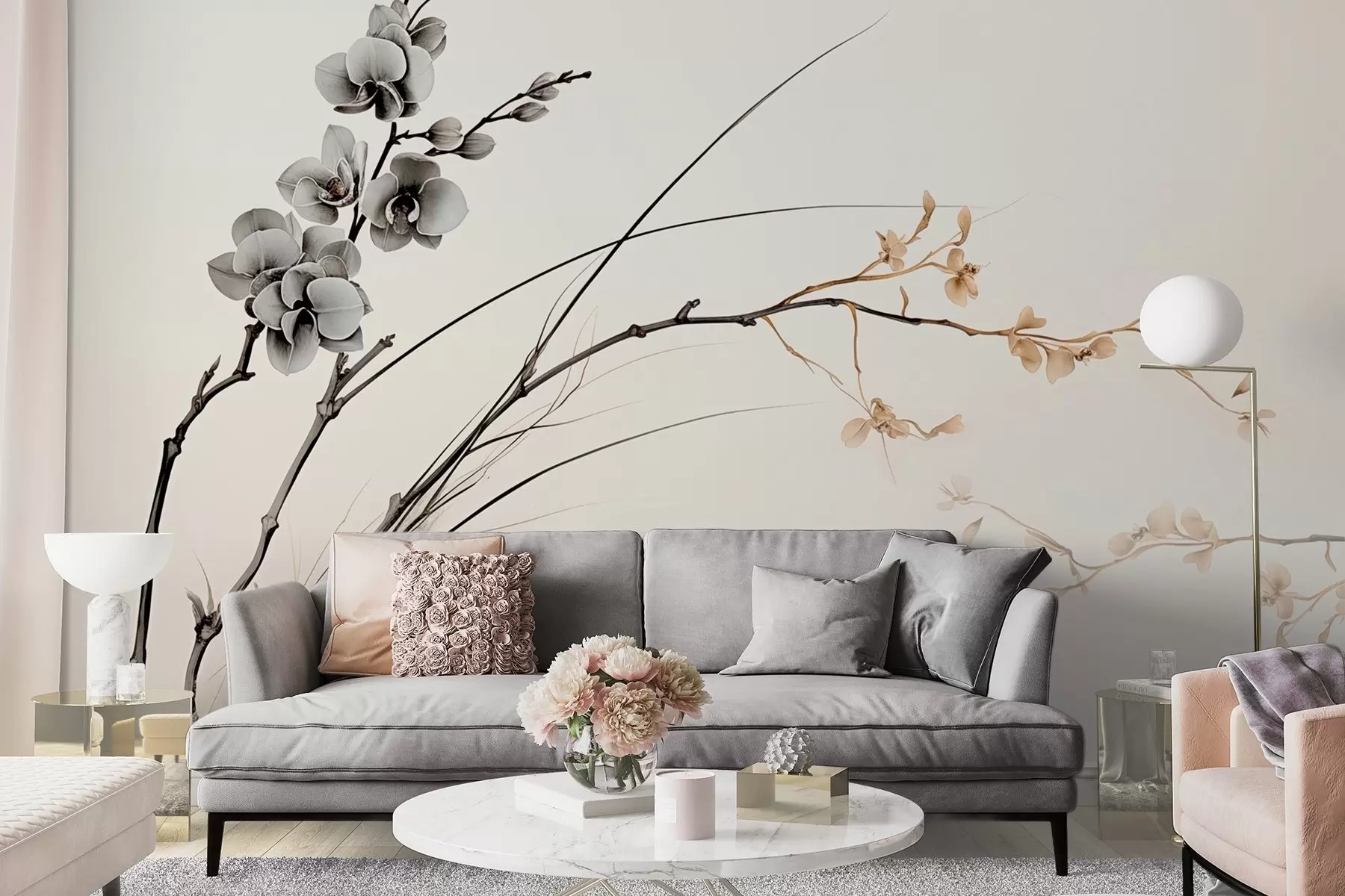 fotószőnyeg Minimalista orchidea ág lágy szepia és szürke tónusokban w09250