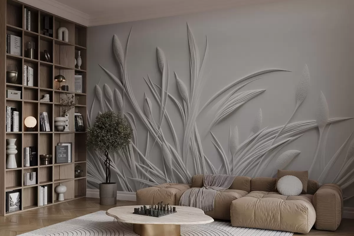 fotószőnyeg Bas-relief finom levelekkel és pampákkal w04247