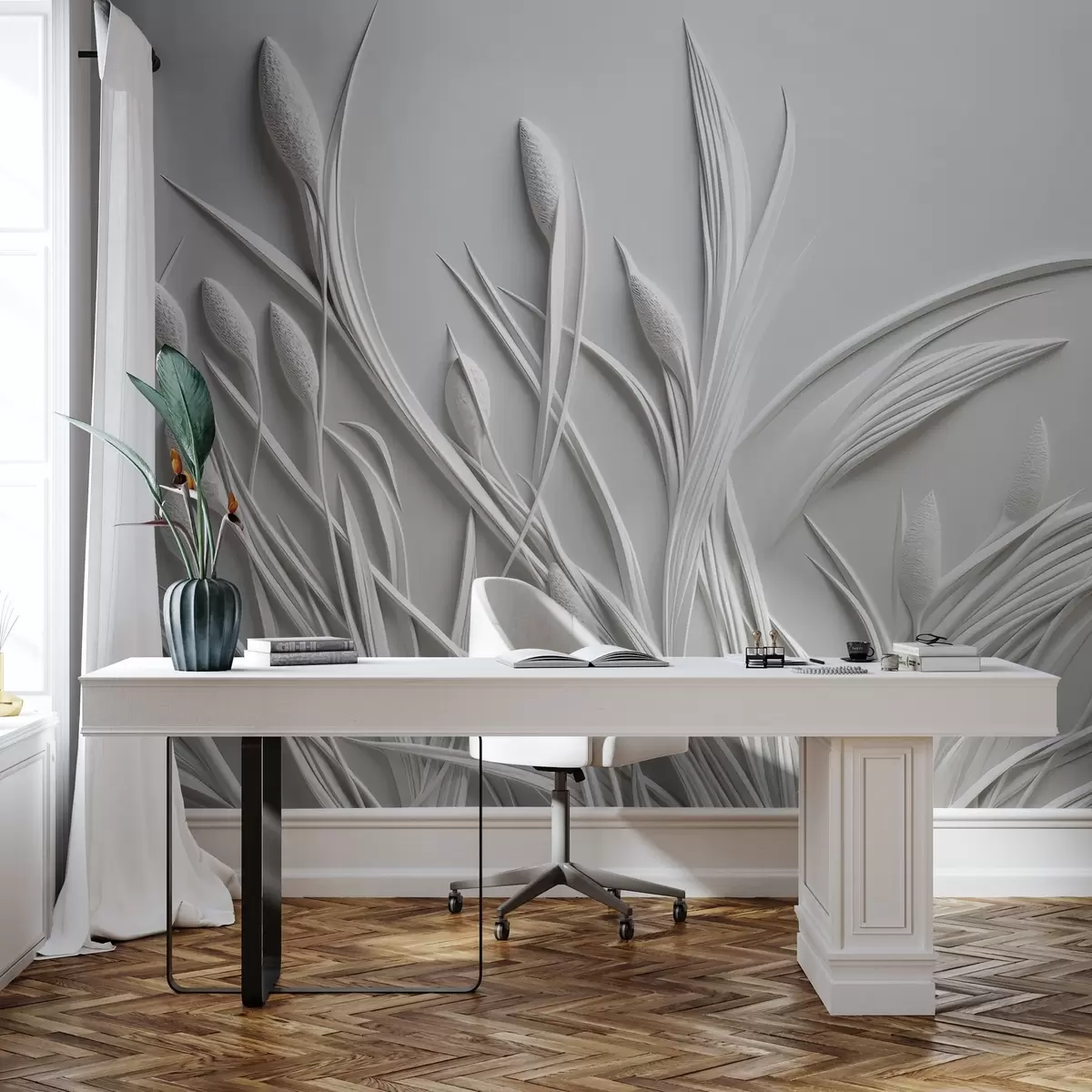 fotószőnyeg Bas-relief finom levelekkel és pampákkal w04247