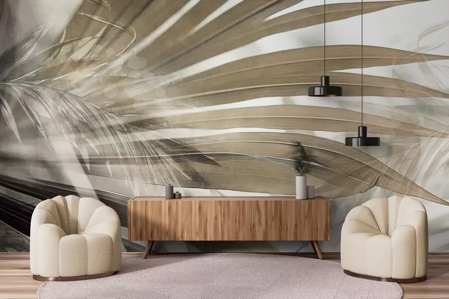 fotószőnyeg Világosbarna árnyalatú pálmalevelek, amelyek átfedik egymást, és réteges hatást keltenek, lágy, semleges háttérrel szemben w09256