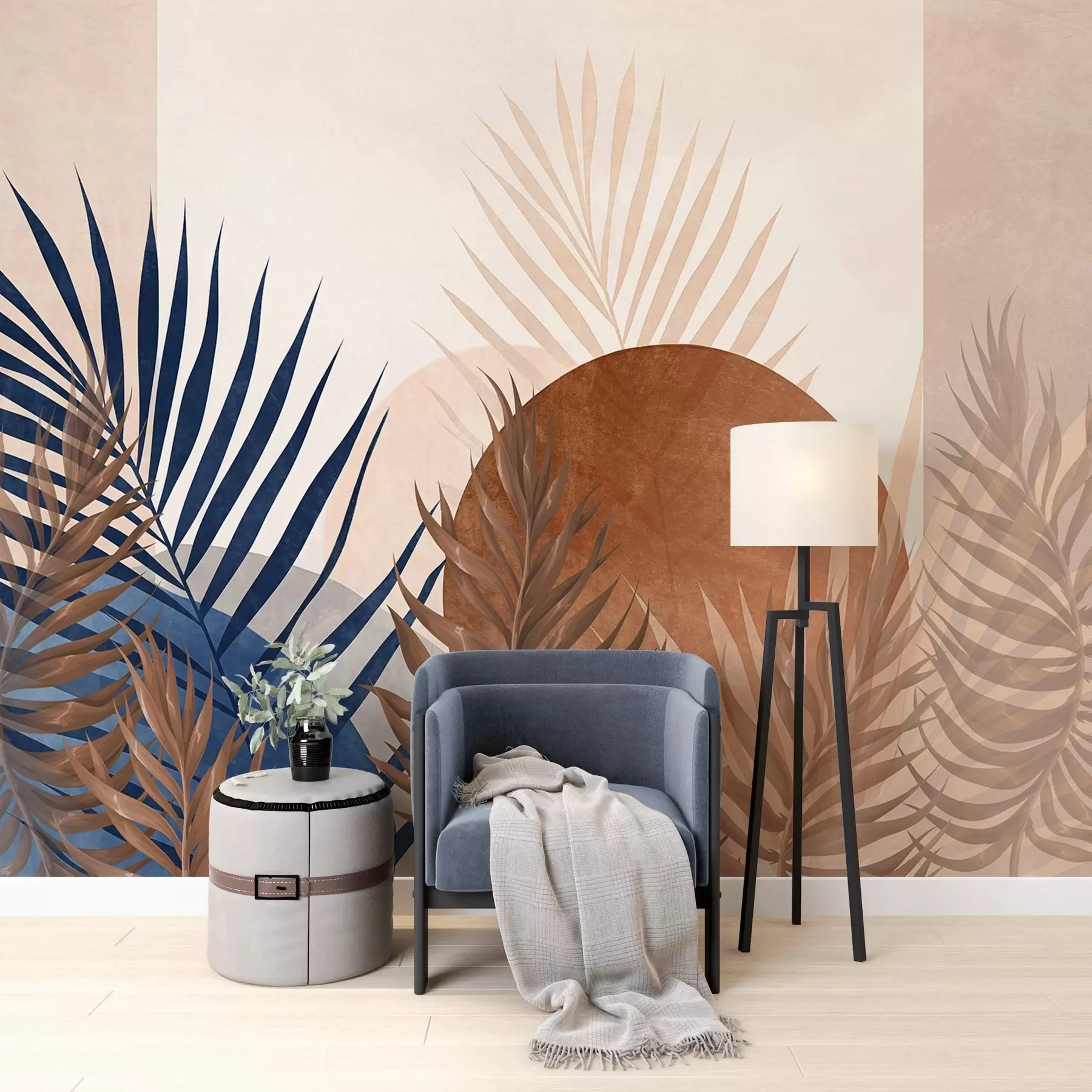 fotószőnyeg Absztrakt, texturált kompozíció, amely trópusi leveleket tartalmaz a kék és a földes árnyalatok árnyalataiban, nagy kör alakú formával w09257