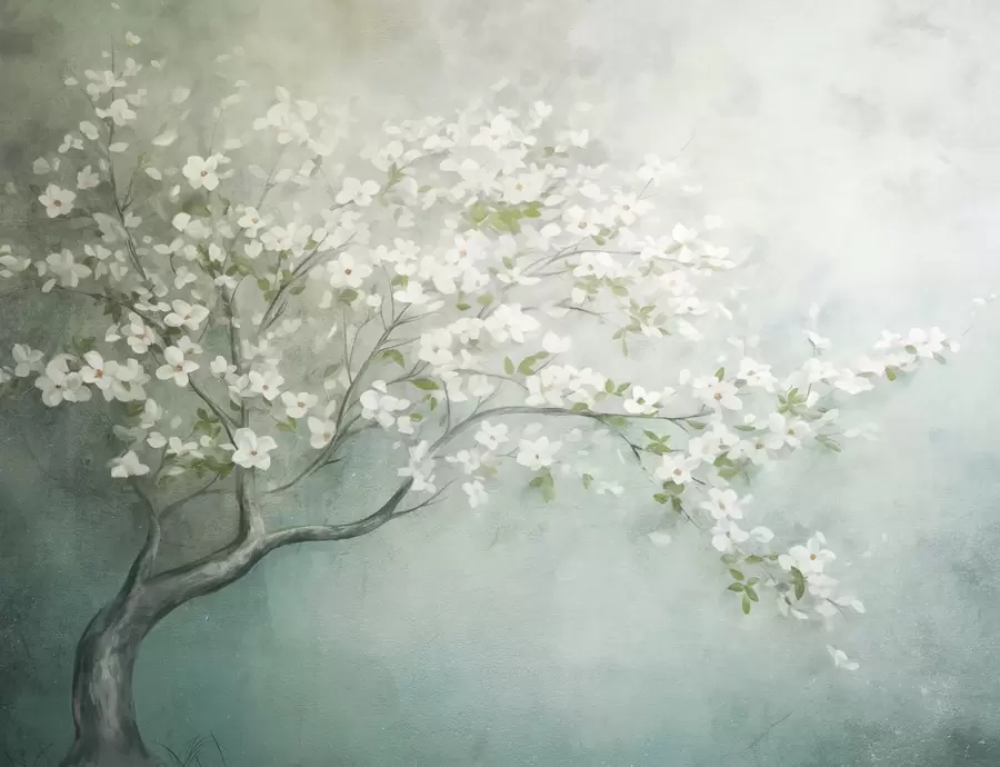 fotószőnyeg Virágzó fa fehér virágokkal, teljes virágzásban, szemcsés, zajos, zajos, tompa kék és zöld háttér előtt w09261