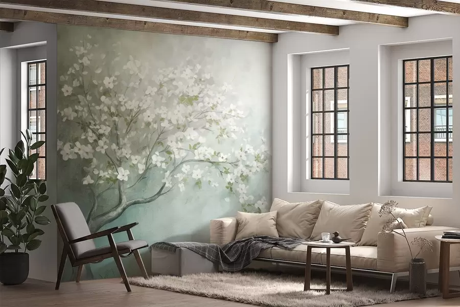 fotószőnyeg Virágzó fa fehér virágokkal, teljes virágzásban, szemcsés, zajos, zajos, tompa kék és zöld háttér előtt w09261