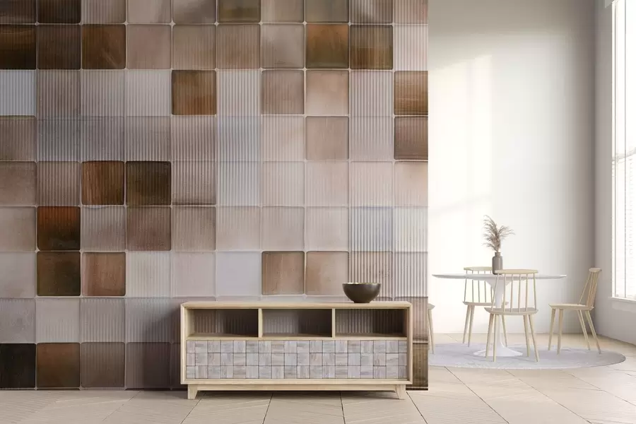 fotószőnyeg Négyzet alakú mozaik kőburkolólapok barna, bézs és fehér árnyalatokban, absztrakt, bordázott, szemcsés, zajos textúrával w09269