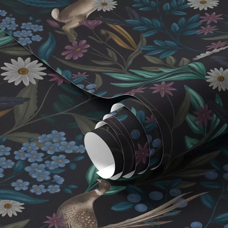 fotószőnyeg Sötét erdő virágokkal, nyúllal és madárral a00310